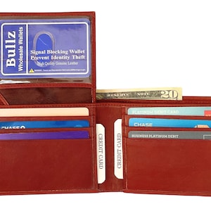 Carteras plegables de cuero de vaca genuino hechas a mano para hombres Cartera delgada con bloqueo RFID con 6 compartimentos para tarjetas de crédito y 2 ventanas de identificación personalizadas
