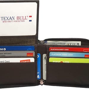 Cartera plegable negra Bullz Zip Aroun para hombre con capacidad para 6 o más tarjetas de crédito, 1 ventana de identificación externa con ranuras dobles para billetes para aniversario, Navidad,