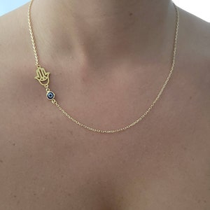 Valentine's Day Gift, Hamsa Hand and Evil Eye Necklace, 18K Gold Filled Evil Eye & Hamsa Necklace, Minimal Jewelry Protection Necklace