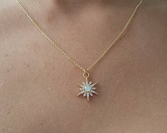 18K Gold North Star Necklace, Celestial jewelry , Opal Star Necklace, Dainty Opal Necklace, Genuine Opal Star Necklace,  Star Chain