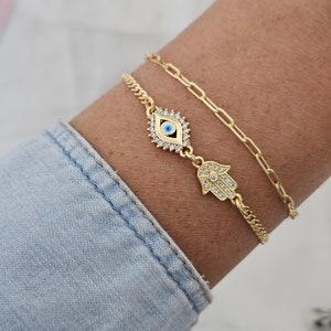 18K Gold Filled Hamsa Bracelet Set, Protection Bracelet, Hamsa Hand Bracelet, Evil Eye Bracelet, Friendship bracelet, Gold Evil Eye Jewelry