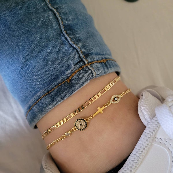 18K Gold Filled Anklet Set, Evil Eye Anklet Set,Evil Eye Anklet, Dainty Anklet for Woman, Gold bracelet Anklet, Gold Dainty Anklet Bracelet