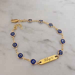 Custom Gold Evil Eye Bracelet Personalized Blue Evil Eye Bracelet Handmade Jewelry Dainty Bar Name Bracelet Personalized Gifts For Her