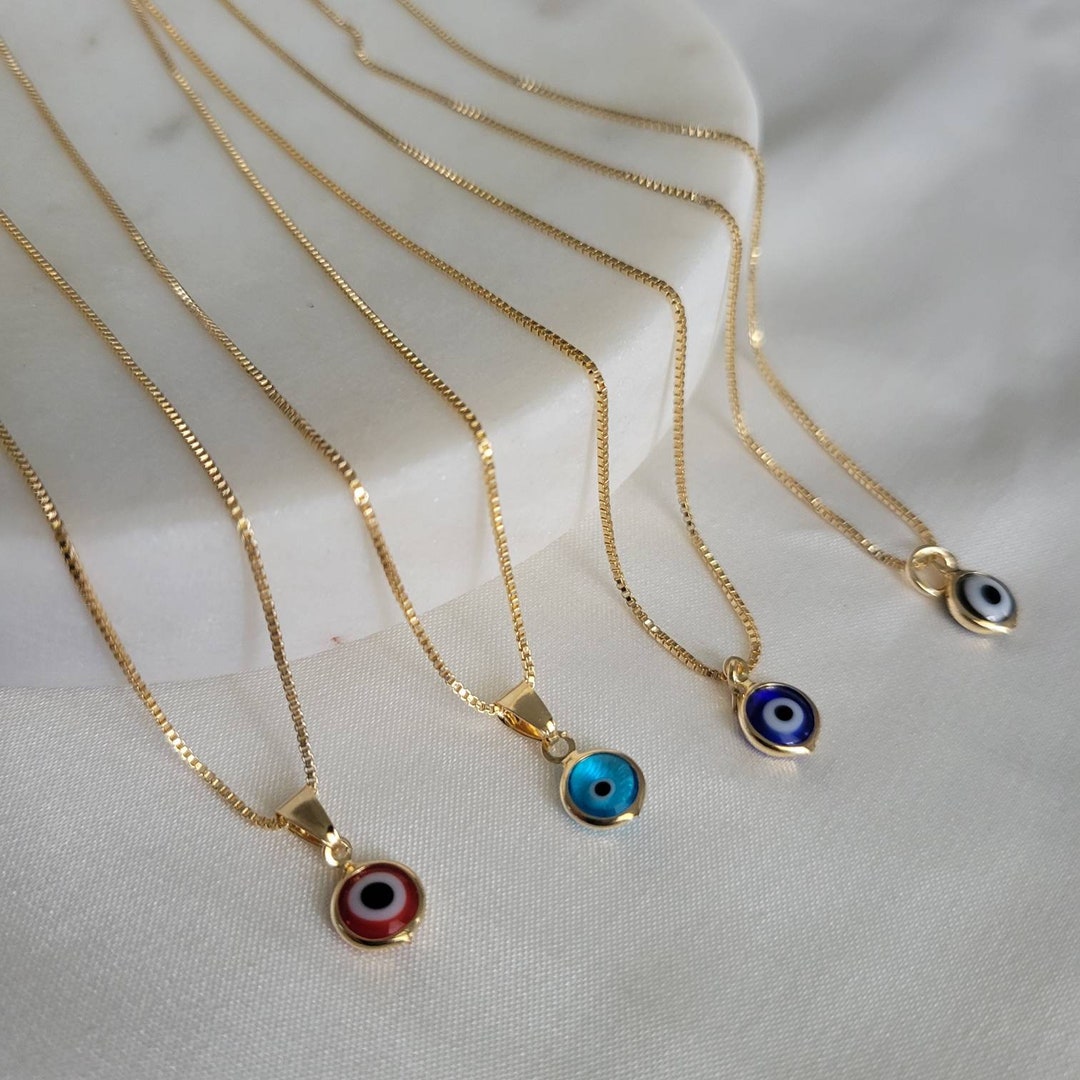 18k Gold Filled Evil Eye Necklace, Gold Dainty Necklace, Red Eye