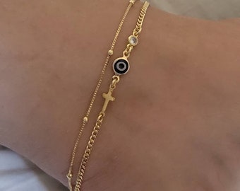 18K Gold Filled Anklet Set, Evil Eye Anklet Set,Evil Eye Anklet, Dainty Anklet for Woman, Gold Beaded Anklet, Gold Dainty Anklet Bracelet