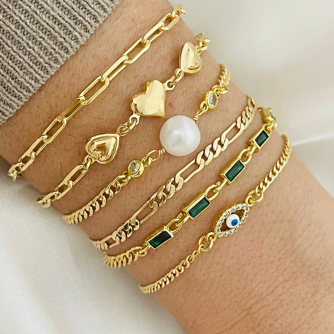 6 Piece Gold Bracelet Set, Evil Eye Bracelet Set, 18K Gold Filled