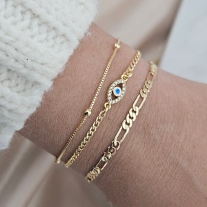 18k Gold Filled Tiny Evil Eye Bracelet Set Minimal Bracelet Evil Eye Charm Protection Jewelry Figaro Bracelet  Gift For Her Dainty Bracelet