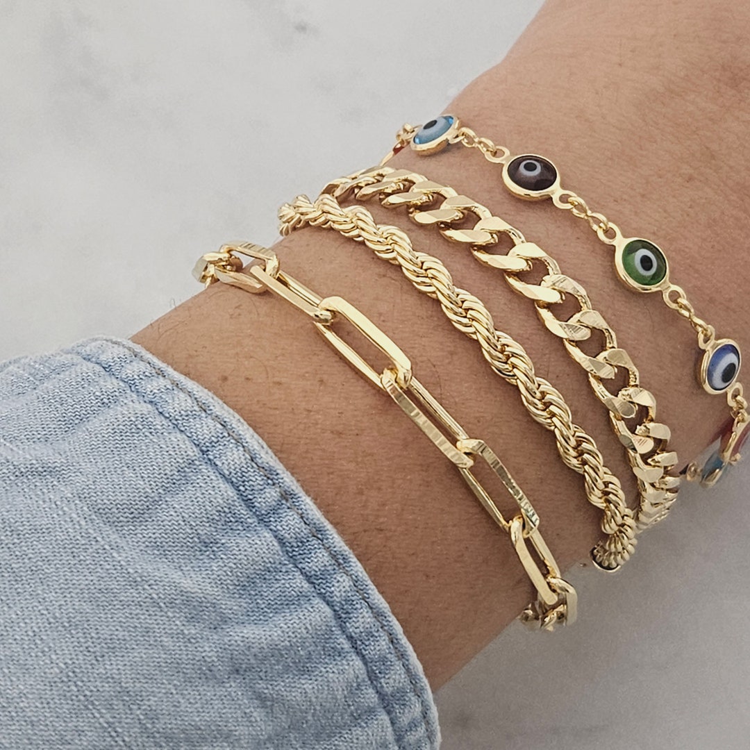 18k Gold Filled Blue Evil Eye Bracelet Set, Stacking Bracelet, Evil Eye