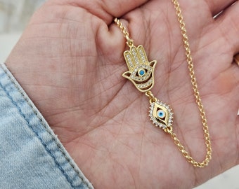 18k Gold Filled Hamsa Hand and Evil Eye Necklace Evil Eye & Hamsa Necklace Minimal Jewelry Protection  Evil Eye Necklace Every Day Necklace