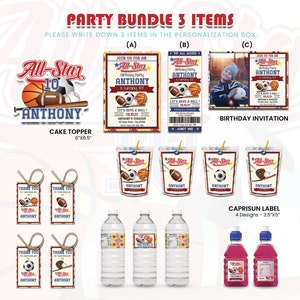 Printable All Star Party Pack (3 Items) | MVP Sports Birthday Bundle | Basketball Football Baseball Soccer Birthday Invitation | AS01