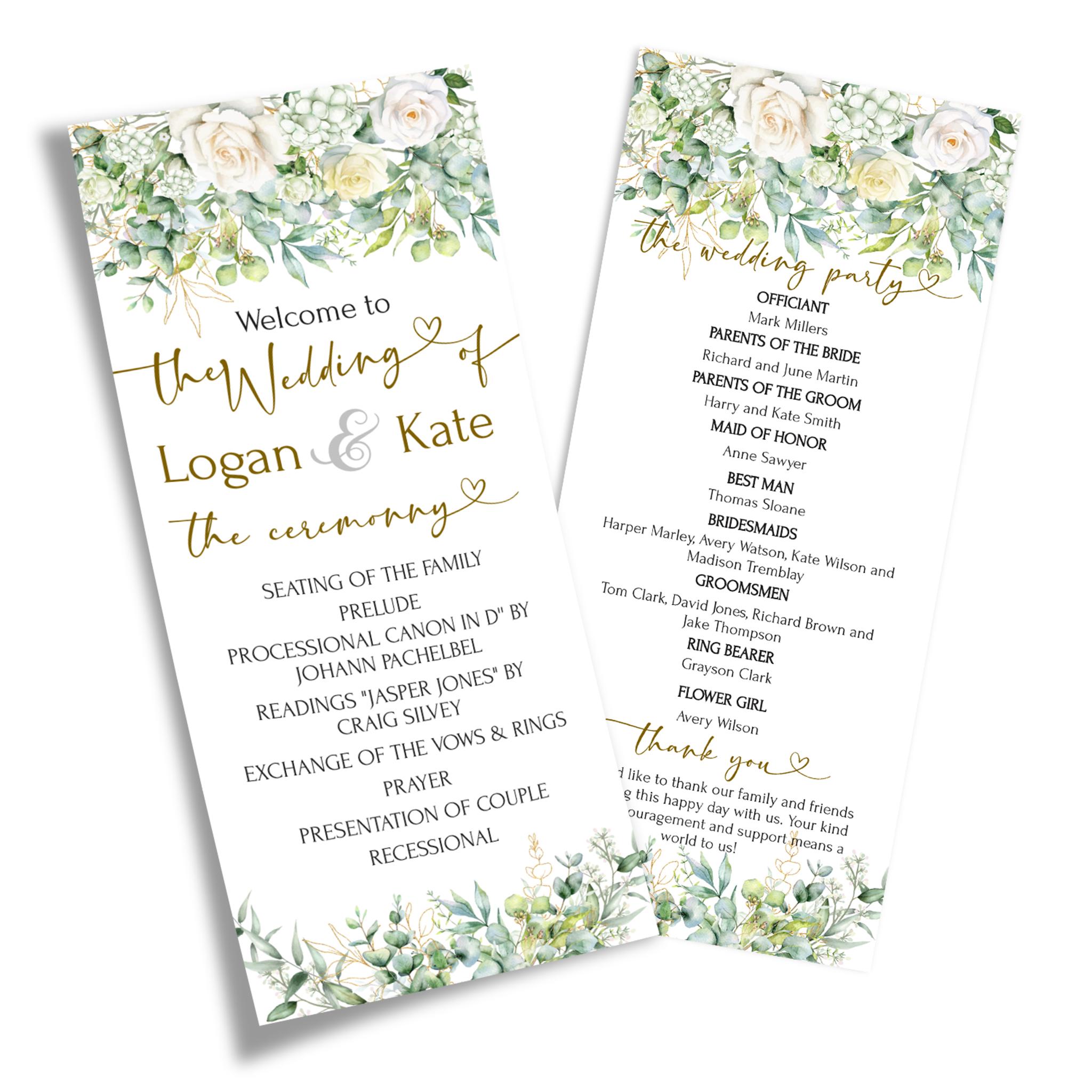 Editable White Rose Wedding Program Card Template, Eucalyptus Wedding ...