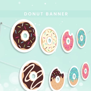 Może przedstawiać: Baner z pączkami z napisem "DONUT BANNER" na górze. Baner zawiera kilka wycięć pączków w różnych kolorach, w tym czekoladowym, waniliowym, różowym i turkusowym, połączonych białym sznurkiem.