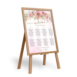 Bearbeitbare rosa Pfingstrosen-Hochzeits-Sitzplanvorlage, digital bearbeitbarer Blumensitzplan, Corjl DIY-Druck in 5 Größen, digitale Vorlage PFW01