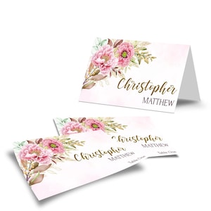 DIY Pink Peony Wedding Place Card Template, Floral Digital Editable Flat & Folded Cards, Wedding Party Decorations, Digital Template PFW01