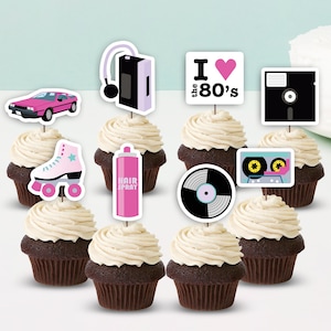Instant Download 80&#39;s Theme Cupcake Toppers | 80s Retro Birthday Cake Toppers | 80s Themed Bell Party | Retro Party Printable RE01