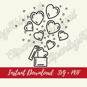 May include: A black and white line drawing of an open box with hearts flying out of it. The box is a simple outline of a gift box with a lid that is open. The hearts are various sizes and are drawn in a simple, stylized way.