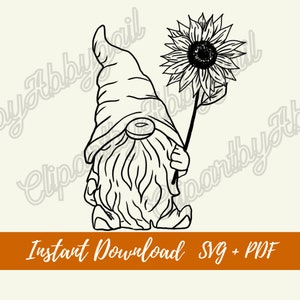Könnte beinhalten: Eine Schwarzweiß-Zeichnung eines Zwergs, der eine Sonnenblume hält. Der Zwerg trägt einen spitzen Hut und hat einen langen Bart. Die Sonnenblume hat einen großen Kopf mit vielen Blütenblättern.