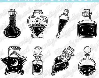 Peut inclure: Un ensemble de huit illustrations en noir et blanc de flacons de potion de différentes formes et designs. Les flacons sont remplis d'un liquide sombre et contiennent des étoiles, des lunes et d'autres éléments célestes. Les flacons sont parfaits pour les projets d'artisanat, le scrapbooking et autres activités créatives.