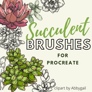 May include: A digital illustration of succulent plants in a green and black color scheme. The text "Succulent Brushes for Procreate" is written in green and black. The text "clipart by Abbygail" is written in black at the bottom of the image.
