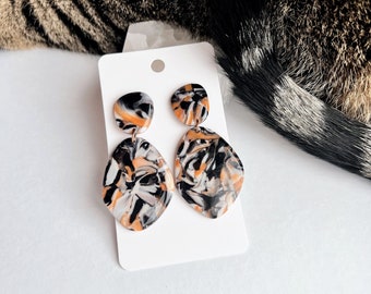 CALICO | Polymer Clay Pumpkin-Orange, Black, White, Translucent Statement Dangle Earrings