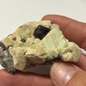 May include: A cluster of light green and white crystals with a dark brown crystal in the centre.