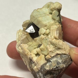 May include: A dark brown, pyramid-shaped crystal embedded in a cluster of light green and white crystals. The crystals are set in a matrix of grey rock.