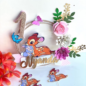 Adorno para tarta de Bambi, Adorno para tarta de un año, Adorno para tarta floral de Bambi, Adorno para tarta con purpurina, Decoraciones de Bambi, Adorno para tarta floral