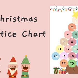 May include: A Christmas Practice Chart with a Christmas tree design. The tree is made of colorful circles numbered 1-25. The chart includes the text "Christmas Practice Chart" and decorative elements like a star, lights, and gifts.