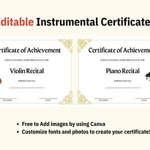 EDITABLE Music Recital Certificate I Instruments Award Certificate Templates I  Certificate of Achievement