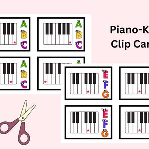 May include: Printable piano key clip cards for kids. The cards feature a black and white piano keyboard with a red star and letter labels for each key. The letters are in different colors: A is green, B is yellow, C is purple, E is red, F is blue, and G is orange. The text "Piano-Key Clip Cards" is at the top of the image.