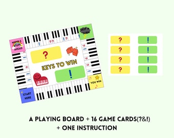 Pode incluir: Um jogo de tabuleiro imprimível com tema de piano com um design de teclado de piano preto e branco. O jogo inclui 16 cartas de jogo com pontos de interrogação e pontos de exclamação. O tabuleiro de jogo tem o texto "Moves Steps Ahead", "Keys to Win", "Skip a Turn", e "You Win".