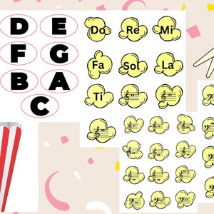 May include: A printable set of musical note stickers shaped like popcorn. The stickers feature the notes Do, Re, Mi, Fa, Sol, La, Ti, and the treble clef. The set also includes a printable sheet of letters for the musical notes: D, E, F, G, B, A, and C. The printable sheets are designed to be cut out and used for a musical activity.