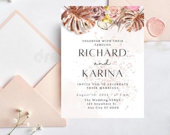 Rose Gold wedding invitation, Rose gold leaves invitation set, Rose Gold wedding, Rose gold minimalist design