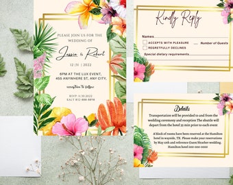 Tropical wedding set, Hawaiian wedding , Destination beach wedding, Hawaiian wedding invitation