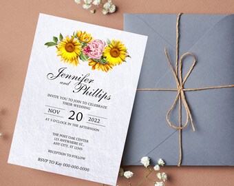 Sunflower Wedding invitation, Rustic wedding invitation, Yellow wedding invitation, Printable set