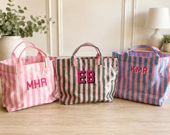 Personalized Striped Beach Tote Bag | Custom Monogram Pool Bag | Embroidered Waterproof PVC Tote | Bridesmaid Gift | Summer Vacation Bag