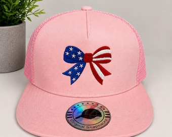Patriotic Bow Hat | USA Embroidered Trucker Hat | Fourth of July Baseball Cap | Coquette Americana Hat | Pink Snapback
