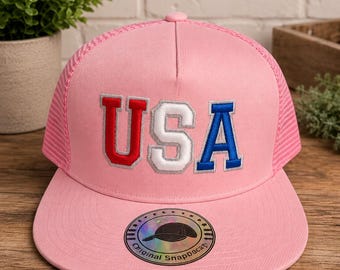 USA Puff Embroidered Hat | 3D Patriotic Trucker Cap | Fourth of July Baseball Hat | Pink Americana Snapback