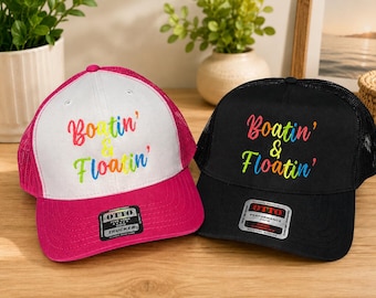 Boatin' & Floatin' Embroidered Trucker Hat | Neon Summer Lake Hat | River Trip Hat | Boat Day Gift | Custom Embroidered Cap