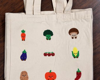 Embroidered Fruit & Veggie Canvas Tote Bag, Farmers Market Grocery Bag (15x15x10")