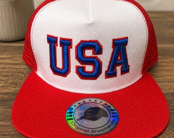 USA OR MERICA Puff Embroidery Snapback Trucker Hat, Red White Blue Flat Bill Patriotic Cap