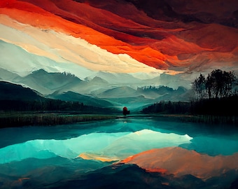 Peut inclure: Une peinture numérique d'un paysage avec un lac reflétant une chaîne de montagnes et un ciel rouge et orange. Le ciel est composé de couches de nuages qui semblent être peints en coups de pinceau.