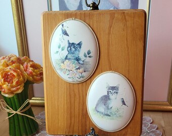 Vintage Kitten/Cat Wood & Decoupage Kittens Watching Birds, Wall Hanging, Hand Made