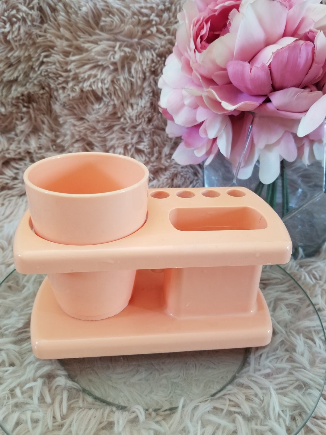 Vintage 90's Peach Corail Pedestal Toothbrush Holder and Beaker Set
