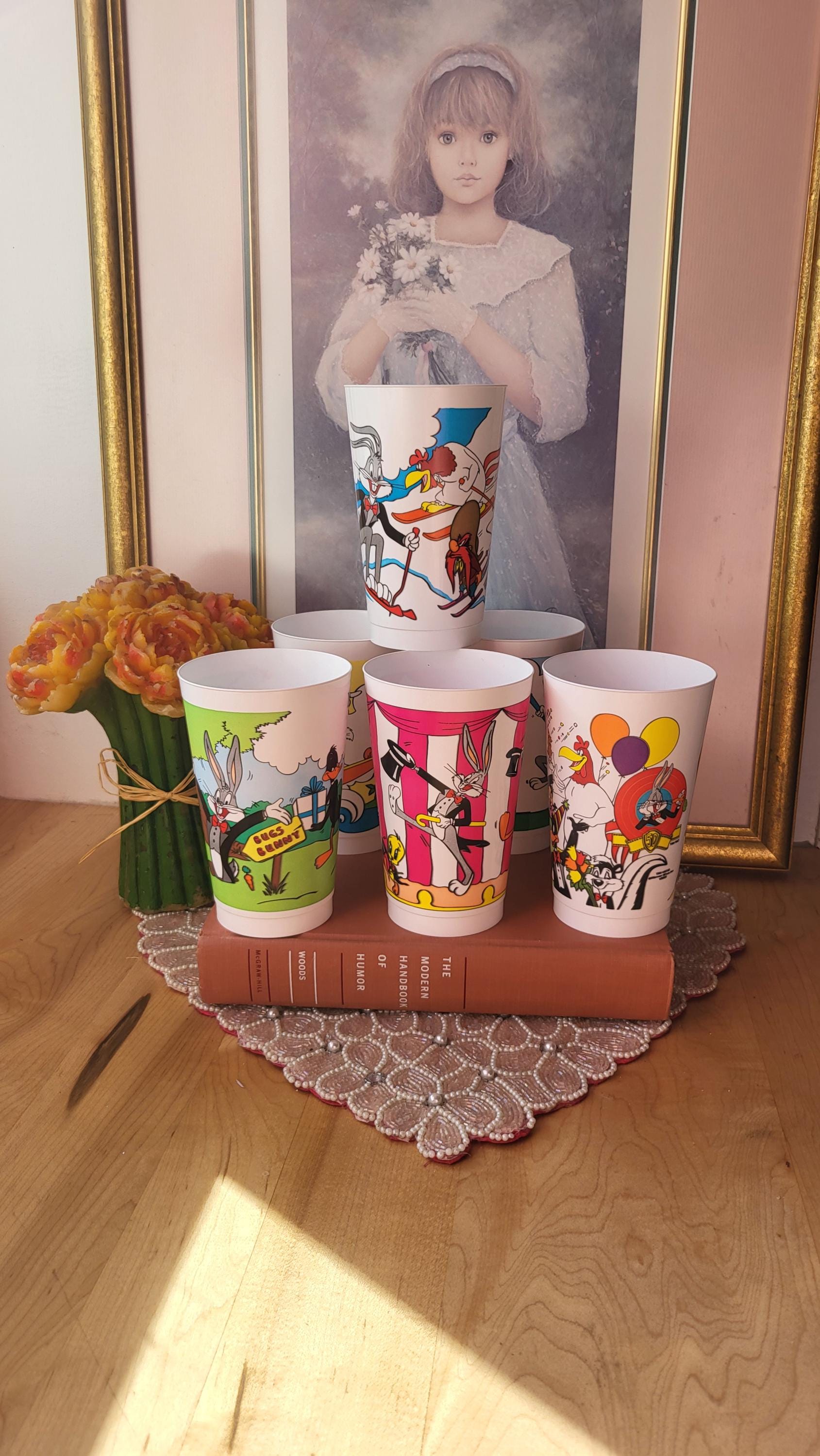 Vintage 1990 Set of 6 Looney Tunes 90s Plastic Drinking Cup Glass