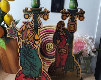 Vintage 80's Colorful Lovers Pair of Candlestick Holder Wood and Art Handmade By Hubert Toutcourt Montreal Artist