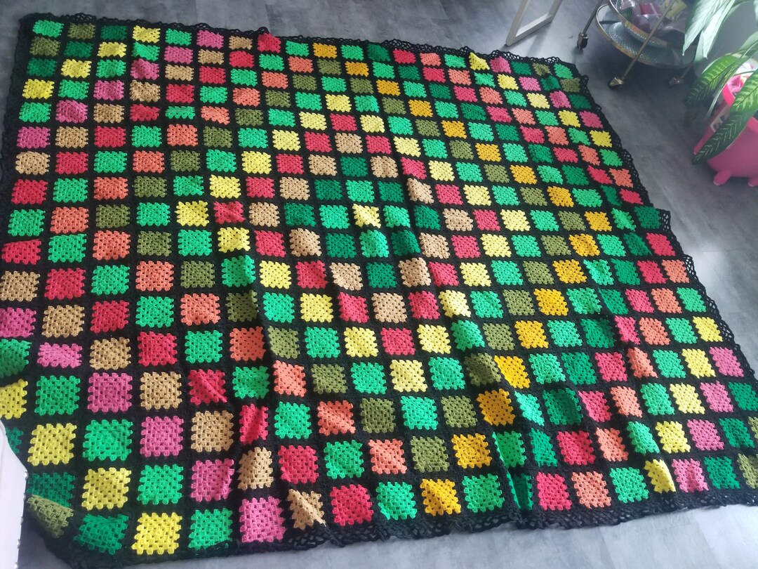 Vintage Granny Square Blanket Black Background Colorful Etsy