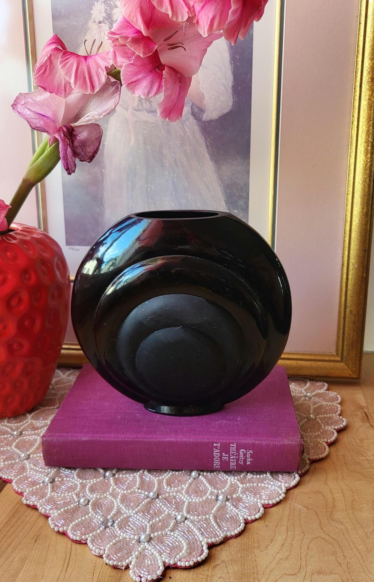 Vintage Art Deco 80's Round Black Ceramic Glazed Flower Vase
