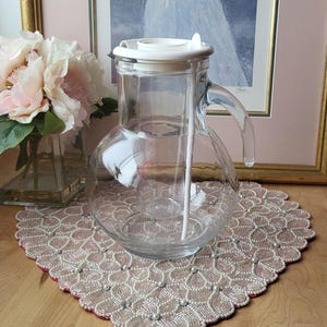 Vintage Bormioli Rocco Clear Glass Pitcher Handle White Lid Stir Stick Ice Insert Italy Retro Modern
