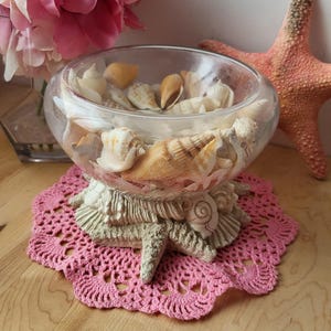 Peut inclure: Un bol en verre transparent rempli de coquillages repose sur un piédestal en forme d'étoile de mer. Le piédestal est en céramique blanche et est surmonté d'une dentelle crochetée rose.